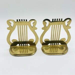 Vintage Mid Century Brass Lyre Harp Bookends — Classical Music Theme Home Decor